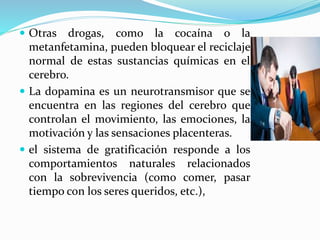  Otras drogas, como la cocaína o la
metanfetamina, pueden bloquear el reciclaje
normal de estas sustancias químicas en el
cerebro.
 La dopamina es un neurotransmisor que se
encuentra en las regiones del cerebro que
controlan el movimiento, las emociones, la
motivación y las sensaciones placenteras.
 el sistema de gratificación responde a los
comportamientos naturales relacionados
con la sobrevivencia (como comer, pasar
tiempo con los seres queridos, etc.),
 