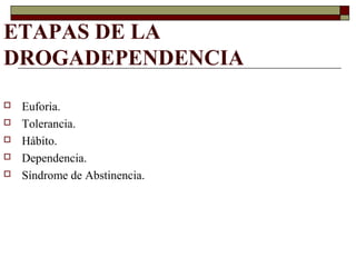 ETAPAS DE LA
DROGADEPENDENCIA
 Euforia.
 Tolerancia.
 Hábito.
 Dependencia.
 Síndrome de Abstinencia.
 