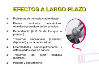 EFECTOS A LARGO PLAZO Problemas de memoria y aprendizaje. Peores resultados académicos. Abandono prematuro de los estudios. Dependencia (7-10 % de los que lo prueban). Trastornos emocionales (ansiedad, depresión) y de la personalidad. Enfermedades bronco-pulmonares y determinados tipos de cáncer. Trastornos del ritmo cardiaco (arritmias). Psicosis y esquizofrenia. 