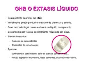 GHB O ÉXTASIS LÍQUIDO Es un potente depresor del SNC. Inicialmente puede producir sensación de bienestar y euforia. En el mercado ilegal circula en forma de líquido transparente. Se consume por vía oral generalmente mezclado con agua. Efectos buscados: Aumento de la sociabilidad Capacidad de comunicación Aparece Somnolencia, obnubilación, dolor de cabeza, confusión, etc... Incluso depresión respiratoria, ideas delirantes, alucinaciones y coma. 