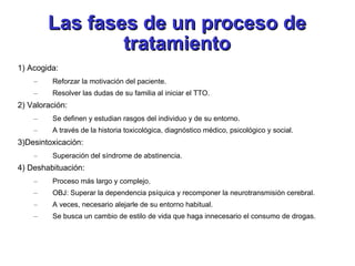 Las fases de un proceso de tratamiento 1) Acogida: Reforzar la motivación del paciente. Resolver las dudas de su familia al iniciar el TTO. 2) Valoración: Se definen y estudian rasgos del individuo y de su entorno. A través de la historia toxicológica, diagnóstico médico, psicológico y social. 3)Desintoxicación: Superación del síndrome de abstinencia. 4) Deshabituación: Proceso más largo y complejo. OBJ: Superar la dependencia psíquica y recomponer la neurotransmisión cerebral. A veces, necesario alejarle de su entorno habitual. Se busca un cambio de estilo de vida que haga innecesario el consumo de drogas. 