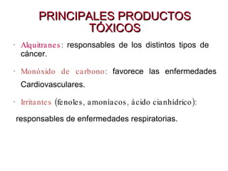 PRINCIPALES PRODUCTOS TÓXICOS Alquitranes :  responsables de los distintos tipos de  cáncer. Monóxido de carbono :  favorece las enfermedades Cardiovasculares. Irritantes  (fenoles, amoníacos, ácido cianhídrico): responsables de enfermedades respiratorias. 