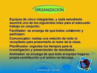 Equipos de cinco integrantes, y cada estudiante asumirá uno de los siguientes roles para el adecuado trabajo en conjunto: Facilitador: se encarga de que todos colaboren y participen Comunicador: realiza una relación de todo lo recopilado para presentarlo al resto de la clase. Planificador: organiza los tiempos para la investigación y presentación de resultados. Animador: se encarga de que todo el equipo haga su propia contribución y el animo no decaiga. ORGANIZACION Ir al  Indice 