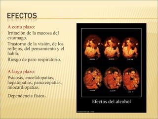 A corto plazo:
 Irritación de la mucosa del
estomago.
 Trastorno de la visión, de los
reflejos, del pensamiento y el
habla.
 Riesgo de paro respiratorio.
A largo plazo:
 Psicosis, encefalopatías,
hepatopatías, pancreopatías,
miocardiopatías.
 Dependencia física.
 