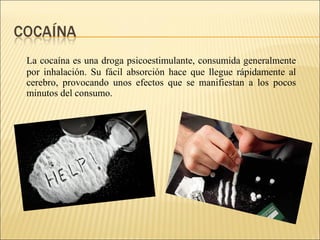 La cocaína es una droga psicoestimulante, consumida generalmente
por inhalación. Su fácil absorción hace que llegue rápidamente al
cerebro, provocando unos efectos que se manifiestan a los pocos
minutos del consumo.
 