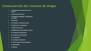 Consecuencias del consumo de drogas
 1. Desajustes neuroquímicos en el
cerebro
 2. Alteración del humor
 3. Problemas familiares, relacionales
y sociales
 4. Adicción
 5. Problemas cardiovasculares
 6. Defectos en el embarazo
 7. Disfunción sexual
 8. Debilitamiento del sistema inmune
 9. Problemas respiratorios
 10. Conductas antisociales
 11. Aislamiento
 12. Ansiedad e insomnio
 13. Otros trastornos psicológicos
 14. Sobredosis
 15. Muerte
 