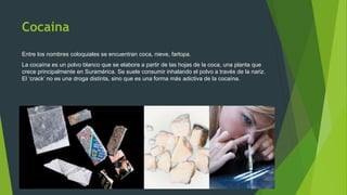 Cocaína
Entre los nombres coloquiales se encuentran coca, nieve, farlopa.
La cocaína es un polvo blanco que se elabora a partir de las hojas de la coca, una planta que
crece principalmente en Suramérica. Se suele consumir inhalando el polvo a través de la nariz.
El ‘crack’ no es una droga distinta, sino que es una forma más adictiva de la cocaína.
 