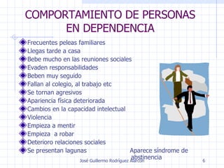 COMPORTAMIENTO DE PERSONAS EN DEPENDENCIA Frecuentes peleas familiares Llegas tarde a casa Bebe mucho en las reuniones sociales Evaden responsabilidades Beben muy seguido Fallan al colegio, al trabajo etc Se tornan agresivos Apariencia física deteriorada Cambios en la capacidad intelectual Violencia Empieza a mentir Empieza  a robar Deterioro relaciones sociales  Se presentan lagunas    Aparece síndrome de  abstinencia 
