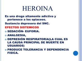 HEROINA
Es una droga altamente adictiva y
pertenece a los opiaceos.
Sustancia depresora del SNC.
EFECTOS SISTEMICOS
 SEDACIÓN- EUFORIA.
 ANALGESIA,
 DEPRESIÓN RESPIRATORIA(LA CUAL ES
LA CAUSA PRINCIPAL DE MUERTE EN
USUARIOS)
 PRODUCE TOLERANCIA Y DEPENDENCIA
FISICA.
 