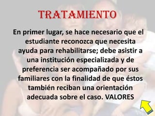 TRATAMIENTO
En primer lugar, se hace necesario que el
    estudiante reconozca que necesita
 ayuda para rehabilitarse; debe asistir a
    una institución especializada y de
   preferencia ser acompañado por sus
 familiares con la finalidad de que éstos
     también reciban una orientación
    adecuada sobre el caso. VALORES
 