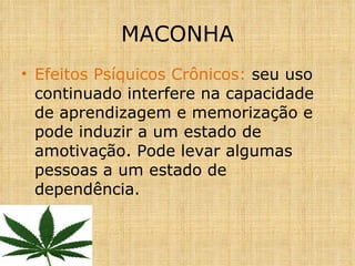 Efeitos Psíquicos Crônicos:  seu uso continuado interfere na capacidade de aprendizagem e memorização e pode induzir a um estado de amotivação. Pode levar algumas pessoas a um estado de dependência. MACONHA 