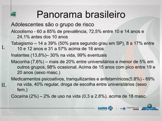 Panorama brasileiro
Adolescentes são o grupo de risco
Alcoolismo - 60 a 85% de prevalência, 72,5% entre 10 e 14 anos e
24,1% antes dos 10 anos
Tabagismo – 14 a 39% (50% para segundo grau em SP), 8 a 17% entre
10 e 12 anos e 31 a 57% acima de 18 anos
Inalantes (13,8%)– 30% na vida, 99% eventuais
Maconha (7,6%) – mais de 20% entre universitários e menor de 5% em
outros grupos, 98% ocasional. Acima de 15 anos com pico entre 19 e
20 anos (sexo masc.)
Medicamentos psicoativos, tranquilizantes e anfetamínicos(5,8%) - 69%
na vida, 40% regular, droga de escolha entre universitários (sexo
fem.)
Cocaína (2%) – 2% de uso na vida (0,3 a 2,8%), acima de 18 masc.
L
IL
 
