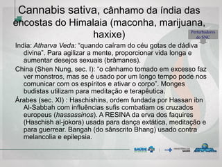 Cannabis sativa, cânhamo da índia das
encostas do Himalaia (maconha, marijuana,
haxixe)
India: Atharva Veda: “quando caíram do céu gotas de dádiva
divina”. Para agilizar a mente, proporcionar vida longa e
aumentar desejos sexuais (brâmanes).
China (Shen Nung, sec. I): “o cânhamo tomado em excesso faz
ver monstros, mas se é usado por um longo tempo pode nos
comunicar com os espíritos e ativar o corpo”. Monges
budistas utilizam para meditação e terapêutica.
Árabes (sec. XI) : Haschishins, ordem fundada por Hassan ibn
Al-Sabbah com influências sufis combatiam os cruzados
europeus (hassassinos). A RESINA da erva dos faquires
(Haschish al-jokora) usada para dança extática, meditação e
para guerrear. Bangah (do sânscrito Bhang) usado contra
melancolia e epilepsia.
Perturbadores
do SNC
 