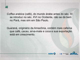 Coffea arabica (café), do mundo árabe antes do séc. XI
se introduz no séc. XVI no Ocidente, não se dá bem
no Pará, mas sim em São Paulo.
Guaraná, originário da Amazônia, contém mais cafeína
que café, cacau, erva-mate e coca e sua exportação
está em crescimento.
 