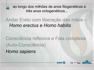 … ao longo dos milhões de anos filogenéticos e
três anos ontogenéticos...
Andar Ereto com liberação das mãos –
Homo erectus e Homo habilis
Consciência reflexiva e Fala complexa
(Auto-Consciência)
Homo sapiens
 