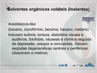 Solventes orgânicos voláteis (Inalantes)
Anestésicos-like
(tolueno, clorofórmio, benzina, hexano, metano)
Induzem euforia, tontura, distúrbios visuais e
auditivos, fotofobia, náuseas e vômitos seguida
de depressão, estupor e convulsões. Deixam
seqüelas degenerativas centrais e periféricas
(dissolvem a mielina).
Perturbadores
do SNC
 