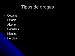 Tipos de drogas Cocaína Éxtasis Alcohol Cannabis Nicotina Heroína 