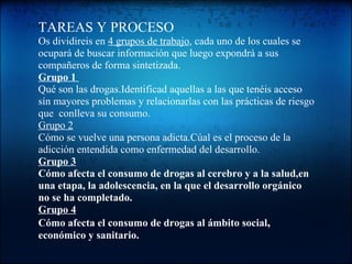 TAREAS Y PROCESO  Os dividireis en  4 grupos de trabajo , cada uno de los cuales se ocupará de buscar información que luego expondrá a sus compañeros de forma sintetizada. Grupo 1   Qué son las drogas.Identificad aquellas a las que tenéis acceso sín mayores problemas y relacionarlas con las prácticas de riesgo que  conlleva su consumo.    Grupo 2 Cómo se vuelve una persona adicta.Cúal es el proceso de la adicción entendida como enfermedad del desarrollo. Grupo 3 Cómo afecta el consumo de drogas al cerebro y a la salud,en una etapa, la adolescencia, en la que el desarrollo orgánico no se ha completado.  Grupo 4 Cómo afecta el consumo de drogas al ámbito social ,  económico y sanitario. 