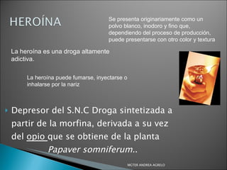 Depresor del S.N.C Droga sintetizada a partir de la morfina, derivada a su vez del  opio  que se obtiene de la planta  Papaver somniferum. . MGTER ANDREA AGRELO Se presenta originariamente como un polvo blanco, inodoro y fino que, dependiendo del proceso de producción, puede presentarse con otro color y textura La heroína puede fumarse, inyectarse o inhalarse por la nariz La heroína es una droga altamente adictiva. 