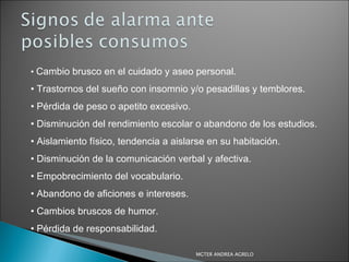 •  Cambio brusco en el cuidado y aseo personal. •  Trastornos del sueño con insomnio y/o pesadillas y temblores. •  Pérdida de peso o apetito excesivo. •  Disminución del rendimiento escolar o abandono de los estudios. •  Aislamiento físico, tendencia a aislarse en su habitación. •  Disminución de la comunicación verbal y afectiva. •  Empobrecimiento del vocabulario. •  Abandono de aficiones e intereses. •  Cambios bruscos de humor. •  Pérdida de responsabilidad. MGTER ANDREA AGRELO 