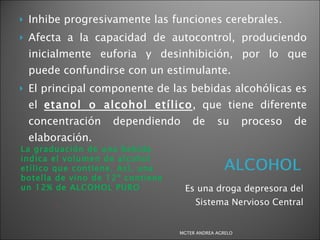Es una droga depresora del Sistema Nervioso Central Inhibe progresivamente las funciones cerebrales.  Afecta a la capacidad de autocontrol, produciendo inicialmente euforia y desinhibición, por lo que puede confundirse con un estimulante. El principal componente de las bebidas alcohólicas es el  etanol o alcohol etílico , que tiene diferente concentración dependiendo de su proceso de elaboración. La graduación de una bebida indica el volumen de alcohol etílico que contiene. Así, una botella de vino de 12º contiene un 12% de ALCOHOL PURO MGTER ANDREA AGRELO 