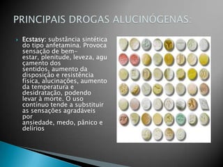 Ecstasy: substância sintética
do tipo anfetamina. Provoca
sensação de bem-
estar, plenitude, leveza, agu
çamento dos
sentidos, aumento da
disposição e resistência
física, alucinações, aumento
da temperatura e
desidratação, podendo
levar à morte. O uso
contínuo tende a substituir
as sensações agradáveis
por
ansiedade, medo, pânico e
delírios
 