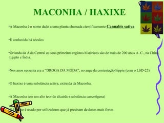 MACONHA / HAXIXE   A Maconha é o nome dado a uma planta chamada cientificamente  Cannabis sativa É conhecida há séculos Oriunda da Ásia Central os seus primeiros registos históricos são de mais de 200 anos A .C., na China, Egipto e Índia. Nos anos sessenta era a “DROGA DA MODA”, no auge da contestação hippie (com o LSD-25) O haxixe é uma substância activa, extraída da Maconha. A Maconha tem um alto teor de alcatrão (substância cancerígena) O Haxixe é usado por utilizadores que já precisam de doses mais fortes 