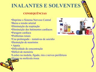 INALANTES E SOLVENTES CONSEQUÊNCIAS  Deprime o Sistema Nervoso Central Baixa a tensão arterial Diminuição da respiração Diminuição dos batimentos cardíacos Paragem cardíaca Problemas renais Uso prolongado – tentativas de suicídio Destruição de neurónios Apatia Dificuldade de concentração Déficit de memória Lesões na medula, fígado, rins e nervos periféricos Danos na molécula óssea                                                                                                              