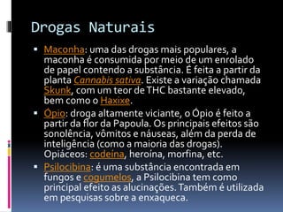 Drogas Naturais
 Maconha: uma das drogas mais populares, a
maconha é consumida por meio de um enrolado
de papel contendo a substância. É feita a partir da
planta Cannabis sativa. Existe a variação chamada
Skunk, com um teor deTHC bastante elevado,
bem como o Haxixe.
 Ópio: droga altamente viciante, o Ópio é feito a
partir da flor da Papoula. Os principais efeitos são
sonolência, vômitos e náuseas, além da perda de
inteligência (como a maioria das drogas).
Opiáceos: codeína, heroína, morfina, etc.
 Psilocibina: é uma substância encontrada em
fungos e cogumelos, a Psilocibina tem como
principal efeito as alucinações.Também é utilizada
em pesquisas sobre a enxaqueca.
 