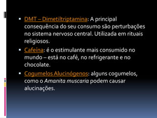  DMT – Dimetiltriptamina: A principal
consequência do seu consumo são perturbações
no sistema nervoso central. Utilizada em rituais
religiosos.
 Cafeína: é o estimulante mais consumido no
mundo – está no café, no refrigerante e no
chocolate.
 Cogumelos Alucinógenos: alguns cogumelos,
como o Amanita muscaria podem causar
alucinações.
 