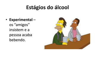 Estágios do álcool

• Experimental –
  os “amigos”
  insistem e a
  pessoa acaba
  bebendo.
 