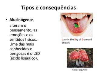 Tipos e consequências
• Alucinógenos
  alteram o
  pensamento, as
  emoções e os
  sentidos físicos.    Lucy in the Sky of Diamond
                       Beatles
  Uma das mais
  conhecidas e
  perigosas é o LSD
  (ácido lisérgico).

                                Chá de cogumelo
 