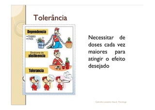 Tolerância

             Necessitar de
             doses cada vez
             maiores para
             atingir o efeito
             desejado




                Gabriela Lanzetta Haack, Psicóloga
 