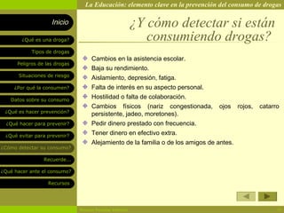 La Educación: elemento clave en la prevención del consumo de drogas

                    Inicio                                ¿Y cómo detectar si están
        ¿Qué es una droga?                                   consumiendo drogas?
            Tipos de drogas
                                    Cambios en la asistencia escolar.
      Peligros de las drogas
                                    Baja su rendimiento.
       Situaciones de riesgo
                                    Aislamiento, depresión, fatiga.
     ¿Por qué la consumen?          Falta de interés en su aspecto personal.
   Datos sobre su consumo
                                    Hostilidad o falta de colaboración.
                                    Cambios físicos (nariz congestionada,        ojos     rojos,   catarro
 ¿Qué es hacer prevención?
                                    persistente, jadeo, moretones).
  ¿Qué hacer para prevenir?         Pedir dinero prestado con frecuencia.
 ¿Qué evitar para prevenir?
                                    Tener dinero en efectivo extra.
                                    Alejamiento de la familia o de los amigos de antes.
¿Cómo detectar su consumo?

                 Recuerde...

¿Qué hacer ante el consumo?

                   Recursos




                               Rosario Paradas Valencia                                                  15
 