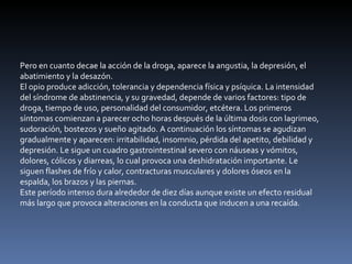 Pero en cuanto decae la acción de la droga, aparece la angustia, la depresión, el abatimiento y la desazón. El opio produce adicción, tolerancia y dependencia física y psíquica. La intensidad del síndrome de abstinencia, y su gravedad, depende de varios factores: tipo de droga, tiempo de uso, personalidad del consumidor, etcétera. Los primeros síntomas comienzan a parecer ocho horas después de la última dosis con lagrimeo, sudoración, bostezos y sueño agitado. A continuación los síntomas se agudizan gradualmente y aparecen: irritabilidad, insomnio, pérdida del apetito, debilidad y depresión. Le sigue un cuadro gastrointestinal severo con náuseas y vómitos, dolores, cólicos y diarreas, lo cual provoca una deshidratación importante. Le siguen flashes de frío y calor, contracturas musculares y dolores óseos en la espalda, los brazos y las piernas. Este período intenso dura alrededor de diez días aunque existe un efecto residual más largo que provoca alteraciones en la conducta que inducen a una recaída. 