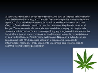 La constancia escrita más antigua sobre su consumo data de la época del Emperador chino SHEN NUNG en el 1237 a.C. También fue conocido por los asirios y griegos del siglo V a.C. En la India hay constancia de su utilización desde hace más de 2.000 años, con finalidad de tipo místico en muchas ocasiones. Hay descripciones en el Antiguo Testamento sobre la sustancia, aunque de forma vaga y no comprobada. Hay casi absoluta certeza de su consumo por los griegos según unánimes referencias doctrinales, así como por los romanos, siendo los árabes los que la comercializaron en su área de influencia. Posiblemente las tropas de Napoleón la extendieron por Europa, en el siglo XIX. Los árabes utilizaron la droga como calmante de enfermedades mentales. Terapéuticamente se aconsejó para tratamientos de insomnio y como sedante para el dolor. 
