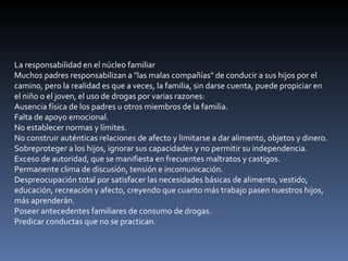 La responsabilidad en el núcleo familiar Muchos padres responsabilizan a "las malas compañías" de conducir a sus hijos por el camino, pero la realidad es que a veces, la familia, sin darse cuenta, puede propiciar en el niño o el joven, el uso de drogas por varias razones: Ausencia física de los padres u otros miembros de la familia.  Falta de apoyo emocional.  No establecer normas y límites.  No construir auténticas relaciones de afecto y limitarse a dar alimento, objetos y dinero.  Sobreproteger a los hijos, ignorar sus capacidades y no permitir su independencia.  Exceso de autoridad, que se manifiesta en frecuentes maltratos y castigos.  Permanente clima de discusión, tensión e incomunicación.  Despreocupación total por satisfacer las necesidades básicas de alimento, vestido, educación, recreación y afecto, creyendo que cuanto más trabajo pasen nuestros hijos, más aprenderán.  Poseer antecedentes familiares de consumo de drogas.  Predicar conductas que no se practican.  