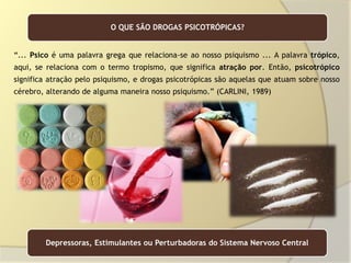 O QUE SÃO DROGAS PSICOTRÓPICAS?


“... Psico é uma palavra grega que relaciona-se ao nosso psiquismo ... A palavra trópico,
aqui, se relaciona com o termo tropismo, que significa atração por. Então, psicotrópico
significa atração pelo psiquismo, e drogas psicotrópicas são aquelas que atuam sobre nosso
cérebro, alterando de alguma maneira nosso psiquismo.” (CARLINI, 1989)




        Depressoras, Estimulantes ou Perturbadoras do Sistema Nervoso Central
 