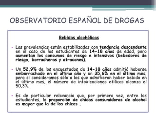 OBSERVATORIO ESPAÑOL DE DROGAS
Bebidas alcohólicas
• Las prevalencias están estabilizadas con tendencia descendente
en el caso de los estudiantes de 14-18 años de edad, pero
aumentan los consumos de riesgo e intensivos (bebedores de
riesgo, borracheras y atracones).
• Un 52,9% de los encuestados de 14-18 años admitió haberse
emborrachado en el último año y un 35,6% en el último mes;
pero si consideramos sólo a los que admitieron haber bebido en
el último mes, el número de intoxicaciones etílicas alcanza el
50,3%.
• Es de particular relevancia que, por primera vez, entre los
estudiantes, la proporción de chicas consumidoras de alcohol
es mayor que la de los chicos .
 