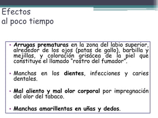 Efectos
al poco tiempo
• Arrugas prematuras en la zona del labio superior,
alrededor de los ojos (patas de gallo), barbilla y
mejillas, y coloración grisácea de la piel que
constituye el llamado “rostro del fumador”.
• Manchas en los dientes, infecciones y caries
dentales.
• Mal aliento y mal olor corporal por impregnación
del olor del tabaco.
• Manchas amarillentas en uñas y dedos.
 