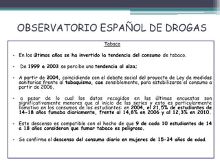 OBSERVATORIO ESPAÑOL DE DROGAS
Tabaco
• En los últimos años se ha invertido la tendencia del consumo de tabaco.
• De 1999 a 2003 se percibe una tendencia al alza;
• A partir de 2004, coincidiendo con el debate social del proyecto de Ley de medidas
sanitarias frente al tabaquismo, cae sensiblemente, para estabilizarse el consumo a
partir de 2006,
• a pesar de lo cual los datos recogidos en las últimas encuestas son
significativamente menores que al inicio de las series y esto es particularmente
llamativo en los consumos de los estudiantes: en 2004, el 21,5% de estudiantes de
14-18 años fumaba diariamente, frente al 14,8% en 2006 y al 12,3% en 2010.
• Este descenso es compatible con el hecho de que 9 de cada 10 estudiantes de 14
a 18 años consideran que fumar tabaco es peligroso.
• Se confirma el descenso del consumo diario en mujeres de 15-34 años de edad.
 