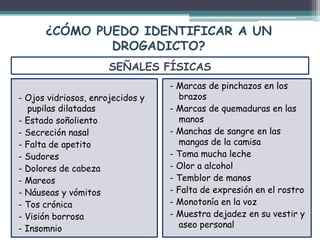 SEÑALES FÍSICAS
- Ojos vidriosos, enrojecidos y
pupilas dilatadas
- Estado soñoliento
- Secreción nasal
- Falta de apetito
- Sudores
- Dolores de cabeza
- Mareos
- Náuseas y vómitos
- Tos crónica
- Visión borrosa
- Insomnio
- Marcas de pinchazos en los
brazos
- Marcas de quemaduras en las
manos
- Manchas de sangre en las
mangas de la camisa
- Toma mucha leche
- Olor a alcohol
- Temblor de manos
- Falta de expresión en el rostro
- Monotonía en la voz
- Muestra dejadez en su vestir y
aseo personal
¿CÓMO PUEDO IDENTIFICAR A UN
DROGADICTO?
 