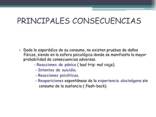 PRINCIPALES CONSECUENCIAS
• Dado lo esporádico de su consumo, no existen pruebas de daños
físicos, siendo en la esfera psicológica donde se manifiesta la mayor
probabilidad de consecuencias adversas.
- Reacciones de pánico ( bad trip: mal viaje).
- Intentos de suicidio.
- Reacciones psicóticas.
- Reapariciones espontáneas de la experiencia alucinógena sin
consumo de la sustancia ( flash-back).
 