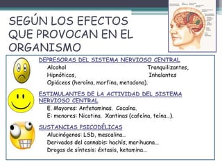 SEGÚN LOS EFECTOS
QUE PROVOCAN EN EL
ORGANISMO
DEPRESORAS DEL SISTEMA NERVIOSO CENTRAL
Alcohol Tranquilizantes,
Hipnóticos, Inhalantes
Opiáceos (heroína, morfina, metadona).
ESTIMULANTES DE LA ACTIVIDAD DEL SISTEMA
NERVIOSO CENTRAL
E. Mayores: Anfetaminas. Cocaína.
E: menores: Nicotina. Xantinas (cafeína, teína…).
SUSTANCIAS PSICODÉLICAS
Alucinógenos: LSD, mescalina…
Derivados del cannabis: hachís, marihuana...
Drogas de síntesis: éxtasis, ketamina...
 