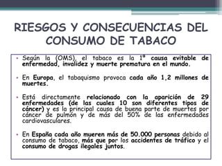RIESGOS Y CONSECUENCIAS DEL
CONSUMO DE TABACO
• Según la (OMS), el tabaco es la 1ª causa evitable de
enfermedad, invalidez y muerte prematura en el mundo.
• En Europa, el tabaquismo provoca cada año 1,2 millones de
muertes.
• Está directamente relacionado con la aparición de 29
enfermedades (de las cuales 10 son diferentes tipos de
cáncer) y es la principal causa de buena parte de muertes por
cáncer de pulmón y de más del 50% de las enfermedades
cardiovasculares.
• En España cada año mueren más de 50.000 personas debido al
consumo de tabaco, más que por los accidentes de tráfico y el
consumo de drogas ilegales juntos.
 