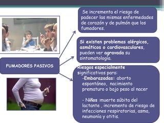 FUMADORES PASIVOS
Se incrementa el riesgo de
padecer las mismas enfermedades
de corazón y de pulmón que los
fumadores.
Si existen problemas alérgicos,
asmáticos o cardiovasculares,
pueden ver agravada su
sintomatología.
Riesgos especialmente
significativos para:
-Embarazadas: aborto
espontáneo, nacimiento
prematuro o bajo peso al nacer
- Niños :muerte súbita del
lactante , incremento de riesgo de
infecciones respiratorias, asma,
neumonía y otitis.
 