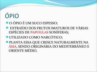 ÓPIO
O ÓPIO É UM SUCO ESPESSO;
 EXTRAÍDO DOS FRUTOS IMATUROS DE VÁRIAS
ESPÉCIES DE PAPOULAS SONÍFERAS;
UTILIZADO COMO NARCÓTICO;
PLANTA ESSA QUE CRESCE NATURALMENTE NA
ÁSIA, SENDO ORIGINÁRIA DO MEDITERRÂNEO E
ORIENTE MÉDIO.
 