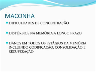 MACONHA
DIFICULDADES DE CONCENTRAÇÃO
DISTÚRBIOS NA MEMÓRIA A LONGO PRAZO
DANOS EM TODOS OS ESTÁGIOS DA MEMÓRIA
INCLUINDO CODIFICAÇÃO, CONSOLIDAÇÃO E
RECUPERAÇÃO
 