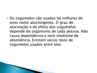

Os cogumelos são usados há milhares de
anos como alucinógenos. O grau de
alucinação e de efeito dos cogumelos
depende do organismo de cada pessoa. Não
causa dependência e nem síndrome de
abstinência. Existem vários tipos de
cogumelos usados entre eles:

 