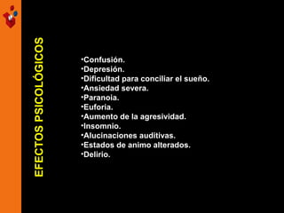 EFECTOS PSICOLÓGICOS

•Confusión.
•Depresión.
•Dificultad para conciliar el sueño.
•Ansiedad severa.
•Paranoia.
•Euforia.
•Aumento de la agresividad.
•Insomnio.
•Alucinaciones auditivas.
•Estados de animo alterados.
•Delirio.

 